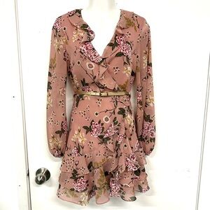 Bardot pink floral mini dress Small ruffles long sleeve Wedding Guest Brunch